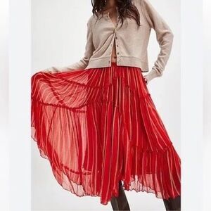 New Free People FP One Ember Printed Striped Midi Skirt Red XS